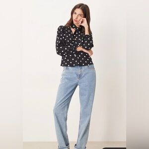 New York & Company Black Blouse with White Polka Dots